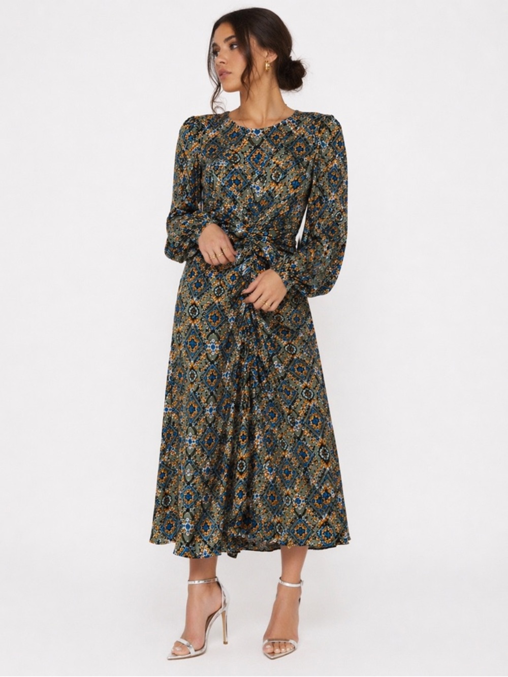 One Fine Day Midi Dress Sage Green Blue Floral Tile Print Size 6 boho festival